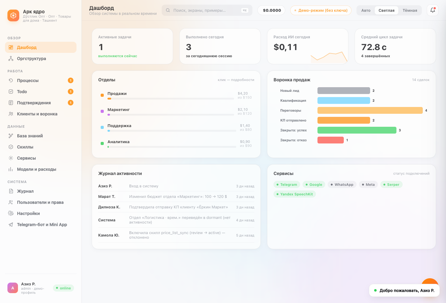 Ark Core — dashboard with departments, pipeline and activity log (demo data)